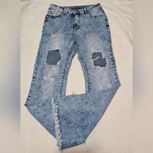 Size M (29) SHEIN Blue Distressed High Rise Boot Cut Jeans